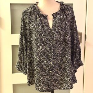 Adrienne Vittadini Black & White Speckled Ruffled Peasant Blouse